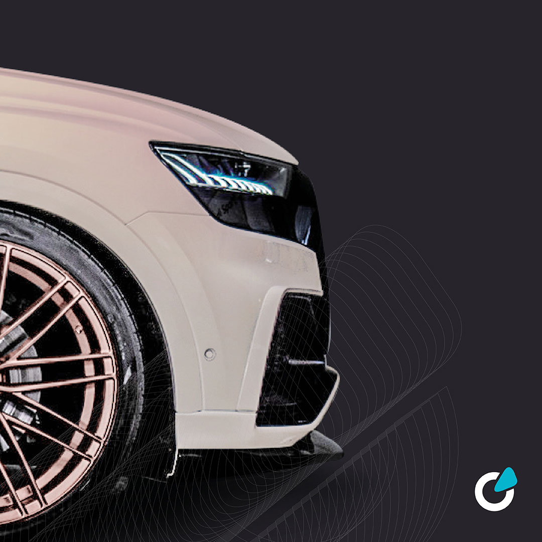 Audi Q8 Tuning Konzept Natural Silverlight von SCEND Tuning, Ansicht Side Front Exterieur mit Frontschürzenaufsatz 